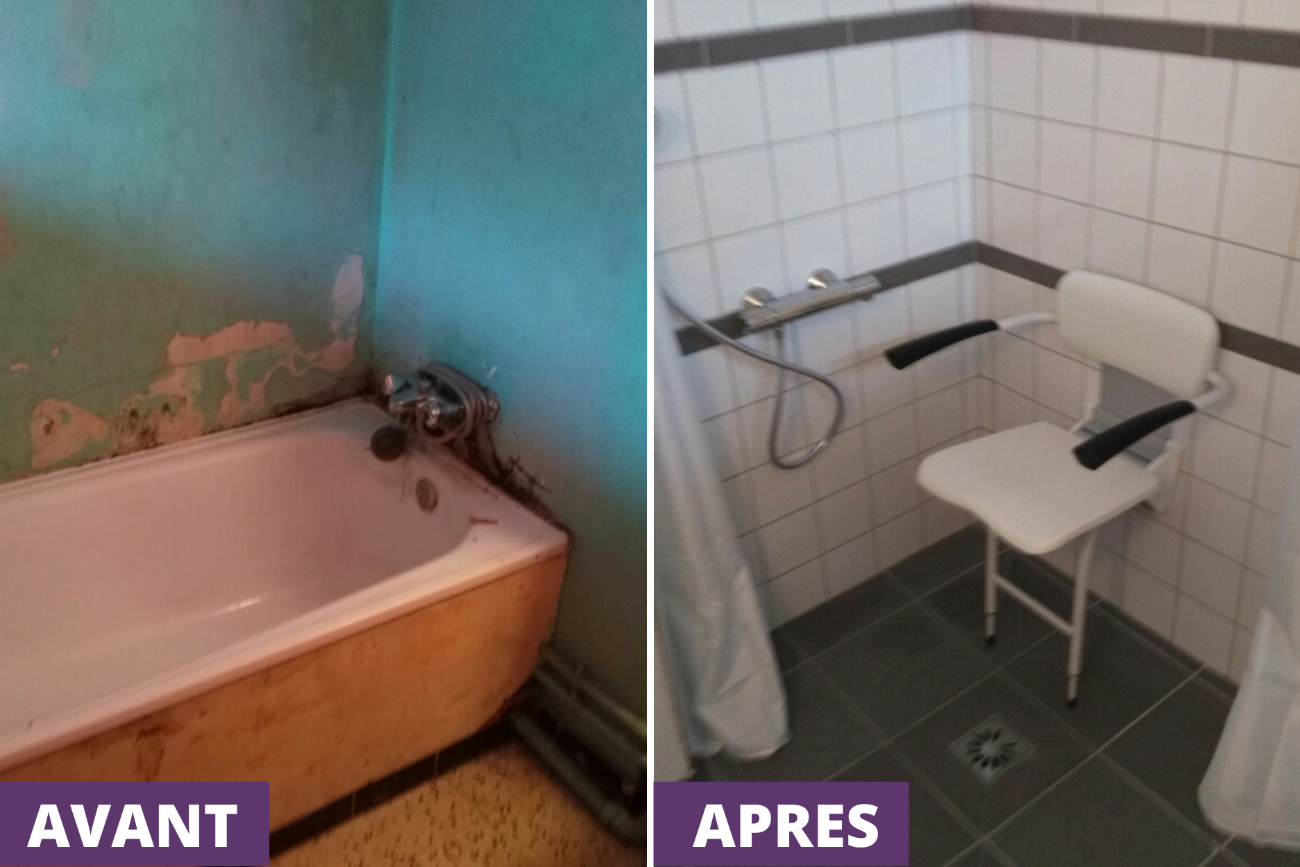 ENTRA aménagement du domicile avant/ après salle de bain baignoire douche